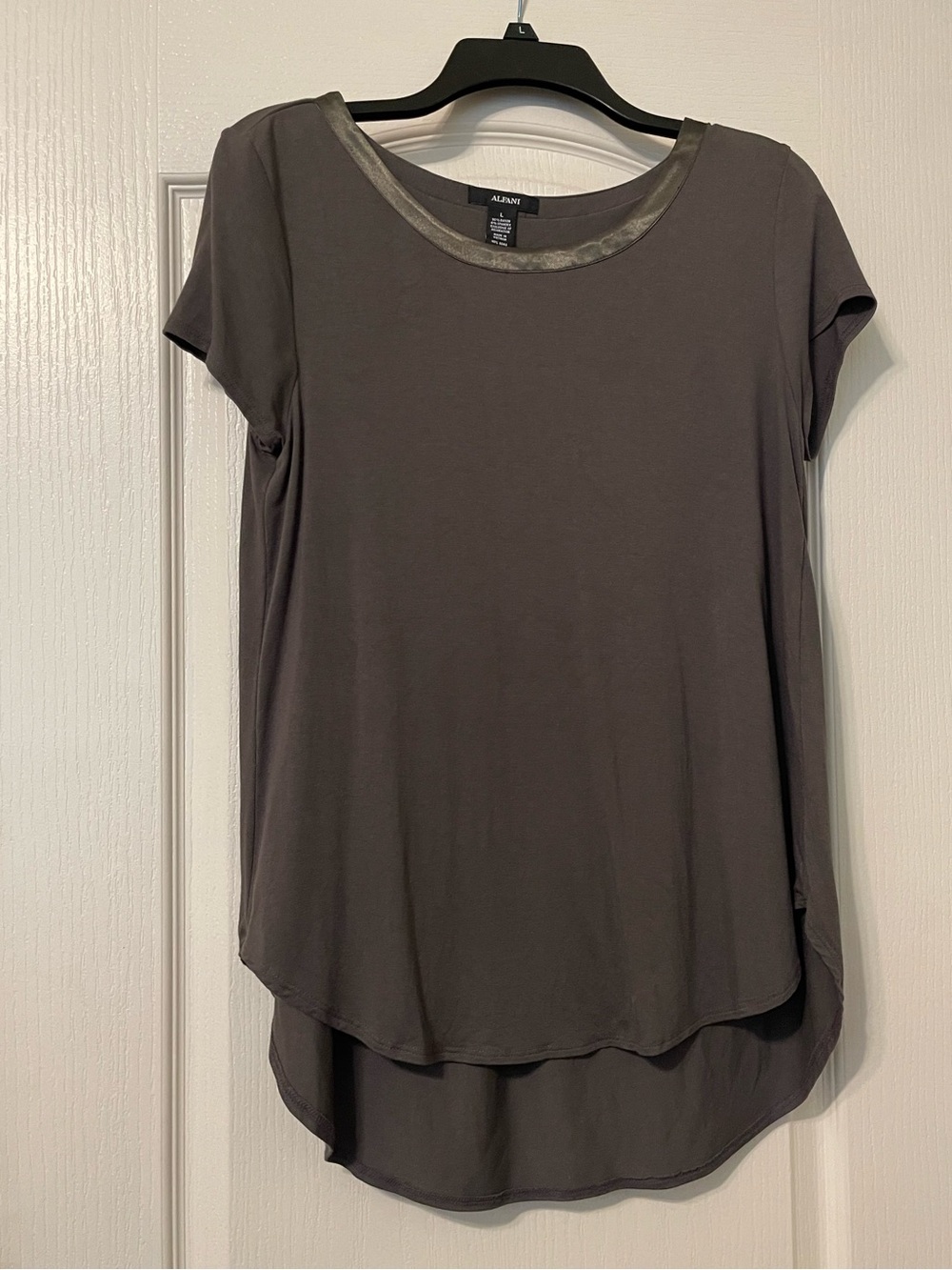 Alfani Women's Short Sleeve High-Low Top in an elegant Grayish Green